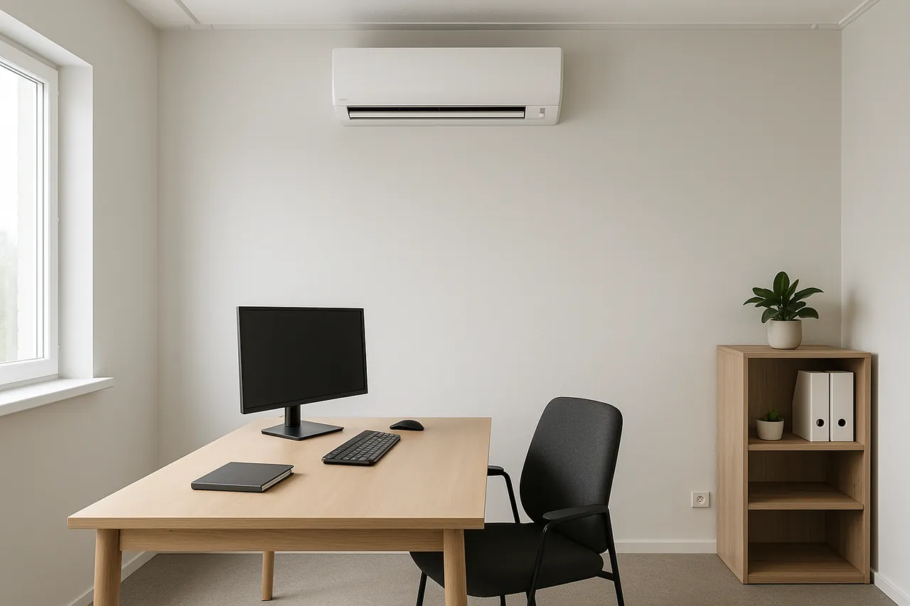 Witte wandairco boven een werkplek in een compact kantoor