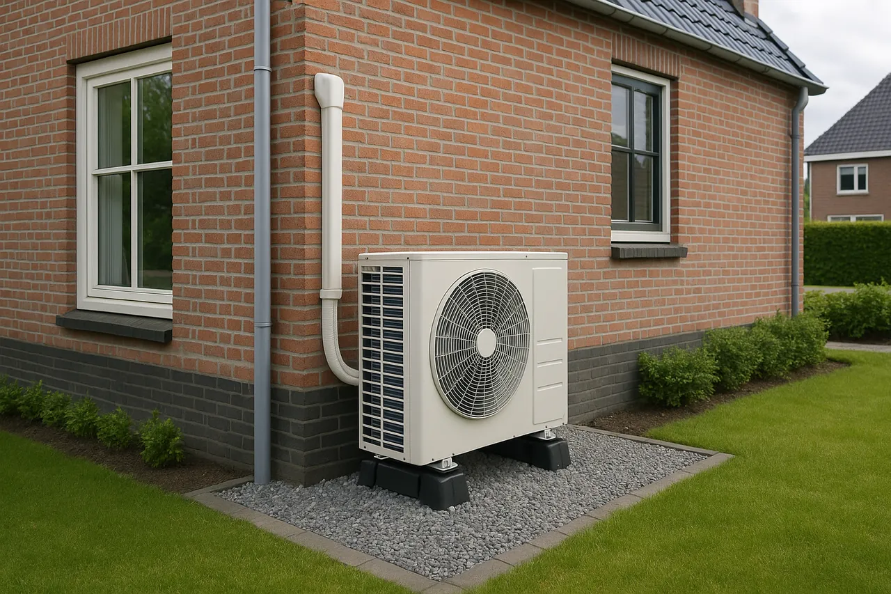 Buitenunit van een split-airco naast een bakstenen woning