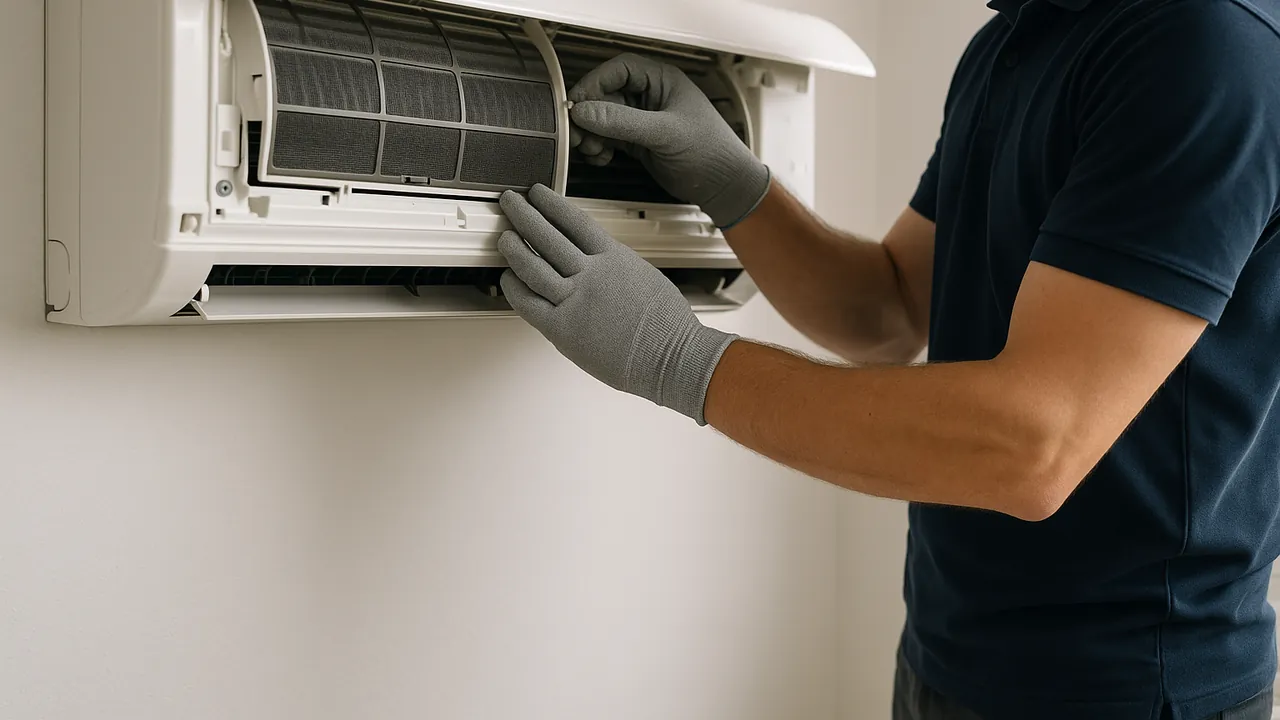 Gehandschoende monteur controleert het filter van een geopende airco